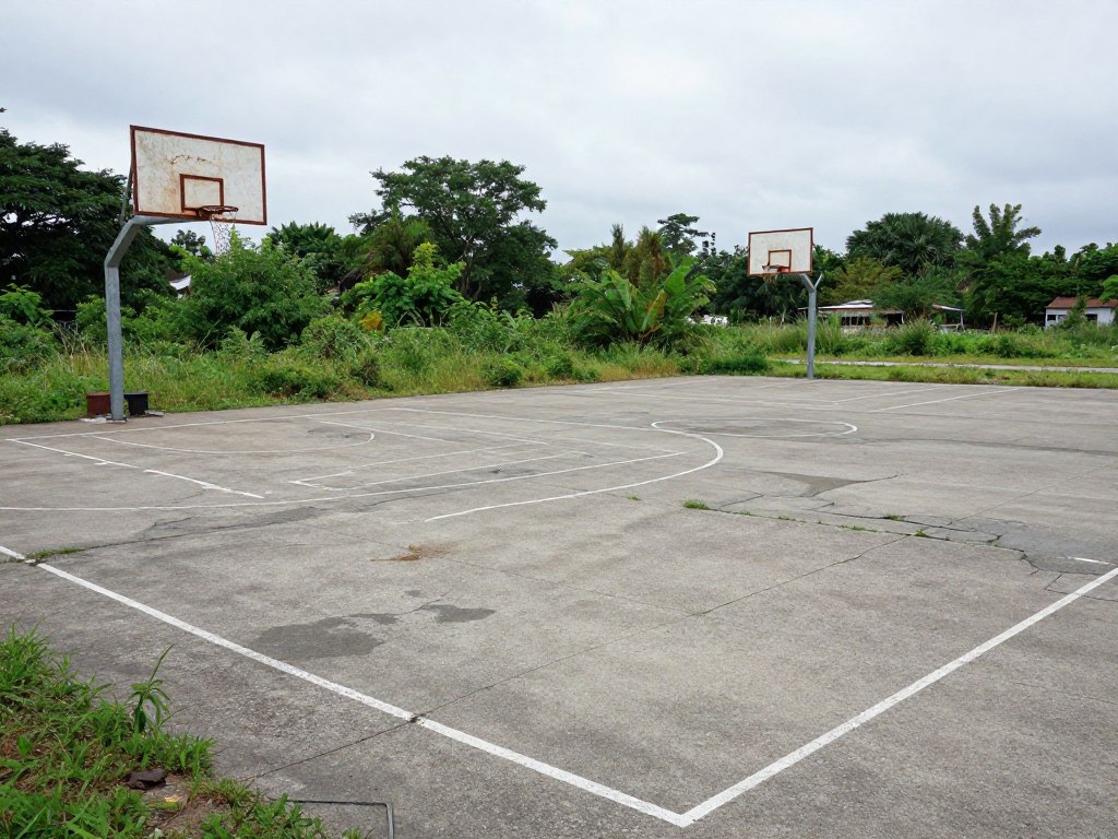 Alter Basketballplatz mit beschädigtem Betonboden und verrosteten Körben