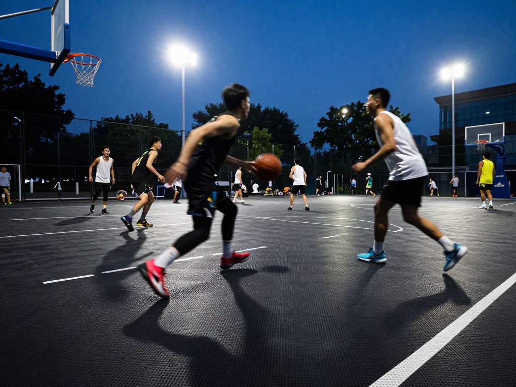 Basketballspieler auf hochwertigem Gummiboden mit Beleuchtung