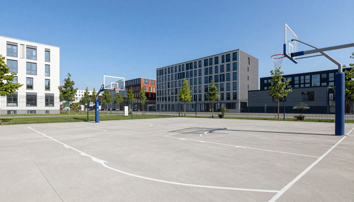 Outdoor Basketballplatz mit Betonboden und regulierten Körben in Deutschland